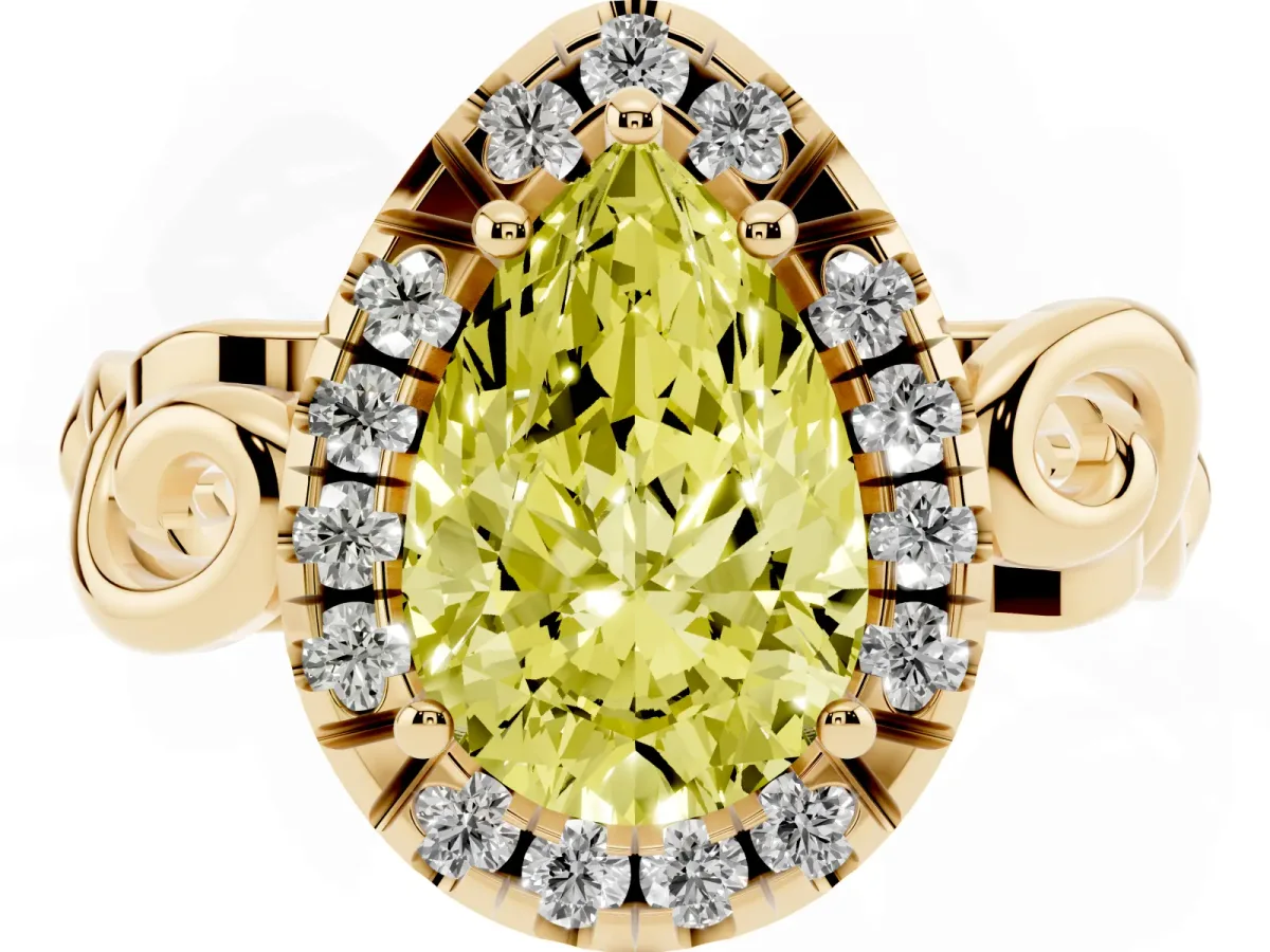 Fancy Yellow Pear Cut Cut Halo Diamond Ring with Scrollwork Band and Four-Prong Setting Yellow gold