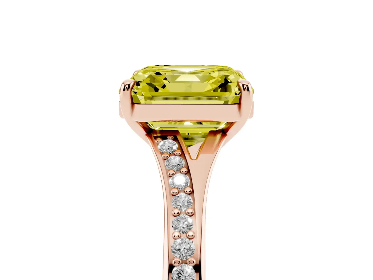 Fancy Yellow Asscher Cut Diamond Solitaire Ring with Pavé Band and Prong Setting Rose gold