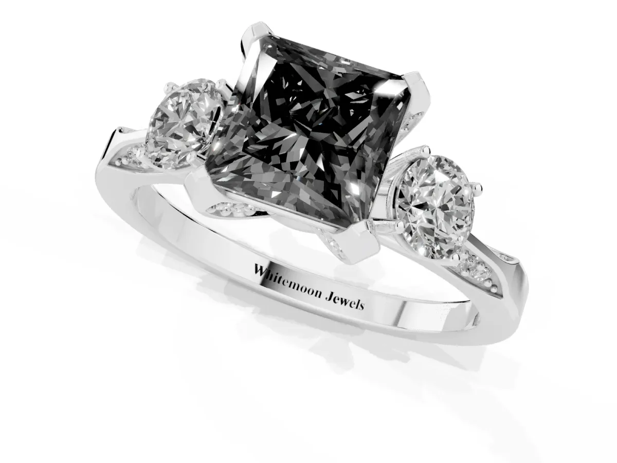 Fancy Black Princess Cut Brilliant Three-Stone Diamond Ring with Pavé Band and Four-Prong Setting Silver