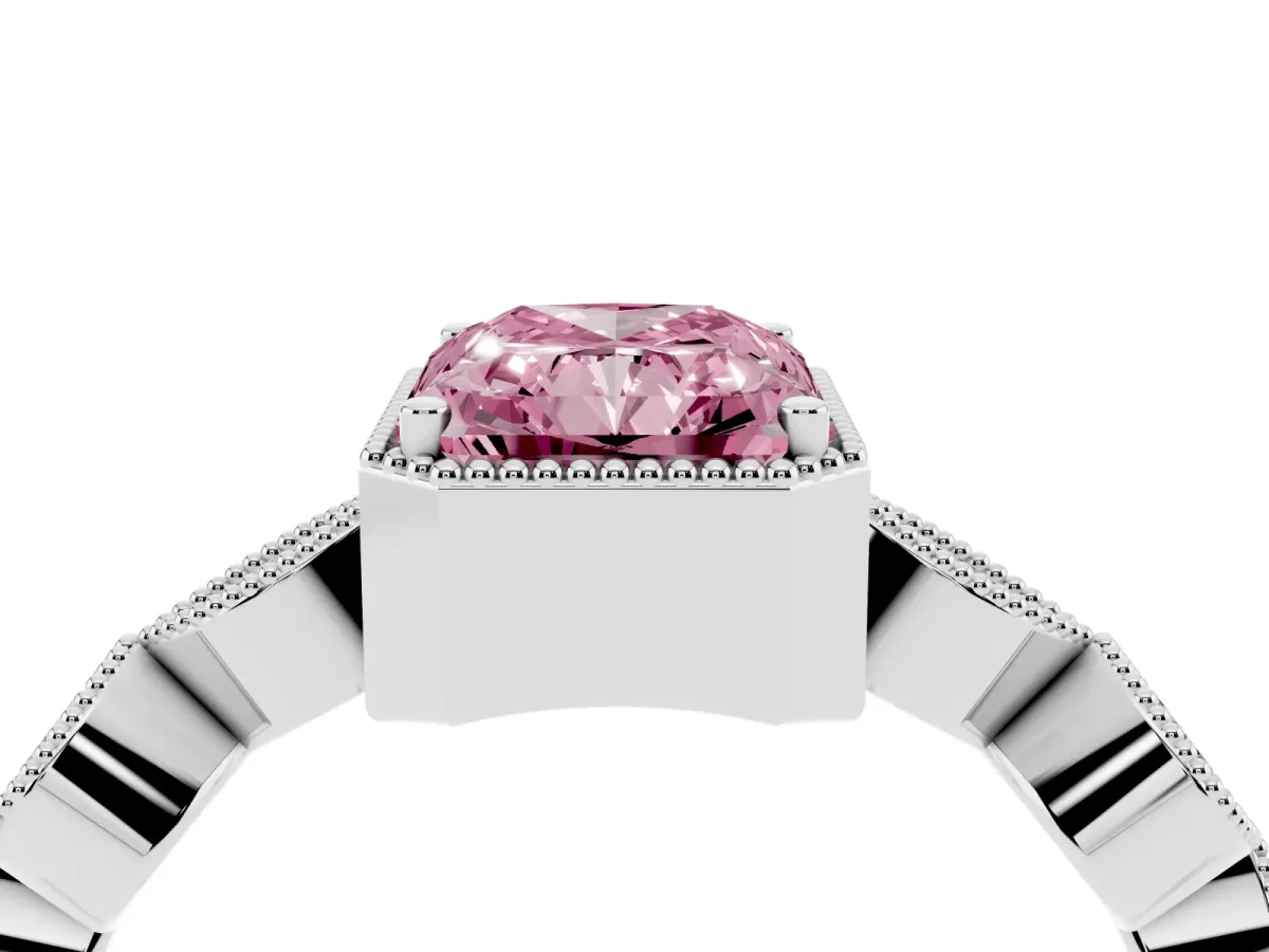 Fancy Pink Radiant Cut Diamond Vintage Milgrain Ring with Round Stations Silver