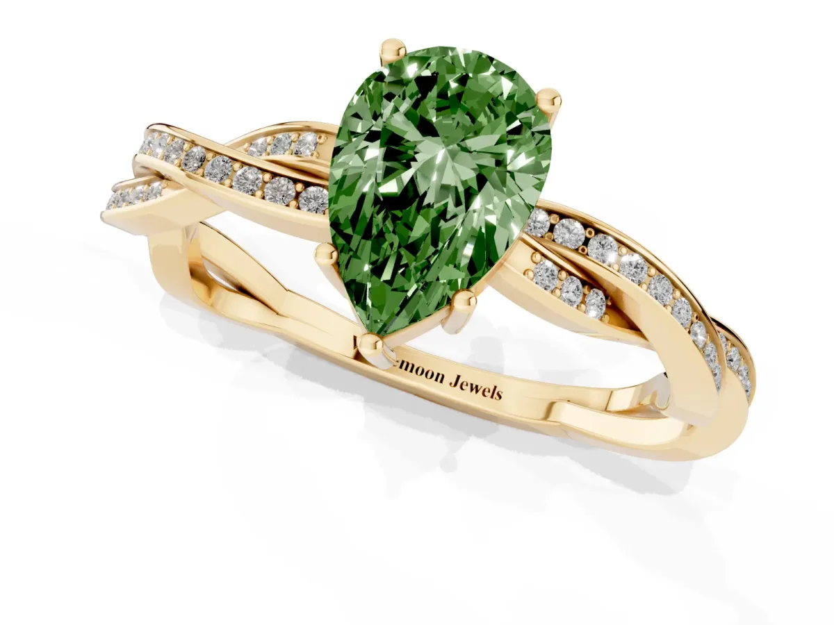Fancy Green Pear Cut Solitaire Twisted Pave Diamond Ring with Four-Prong Setting Yellow gold