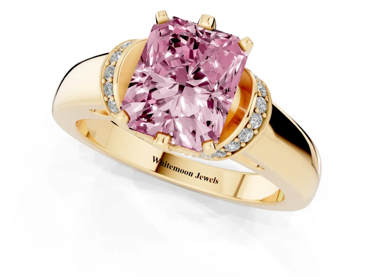 Fancy Pink Radiant Cut Solitaire Diamond Ring with Pave Band and Six-Prong Setting Yellow gold