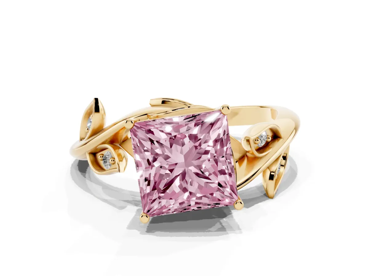 Fancy Pink Princess Cut Solitaire Twist Engagement Ring with Leaf Accents and Prong Setting Yellow gold