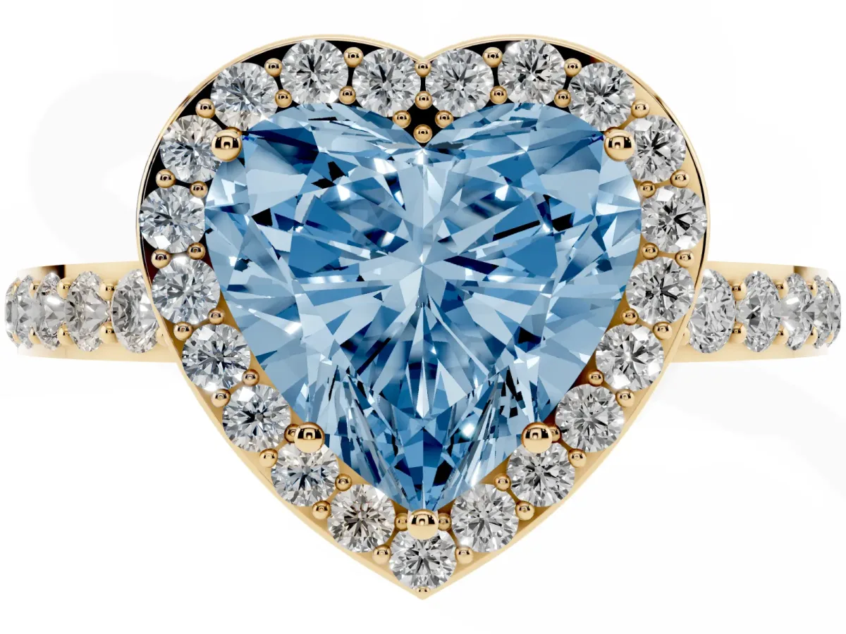 Fancy Blue Heart Cut Halo Diamond Pavé Band Ring with Prong Setting Yellow gold