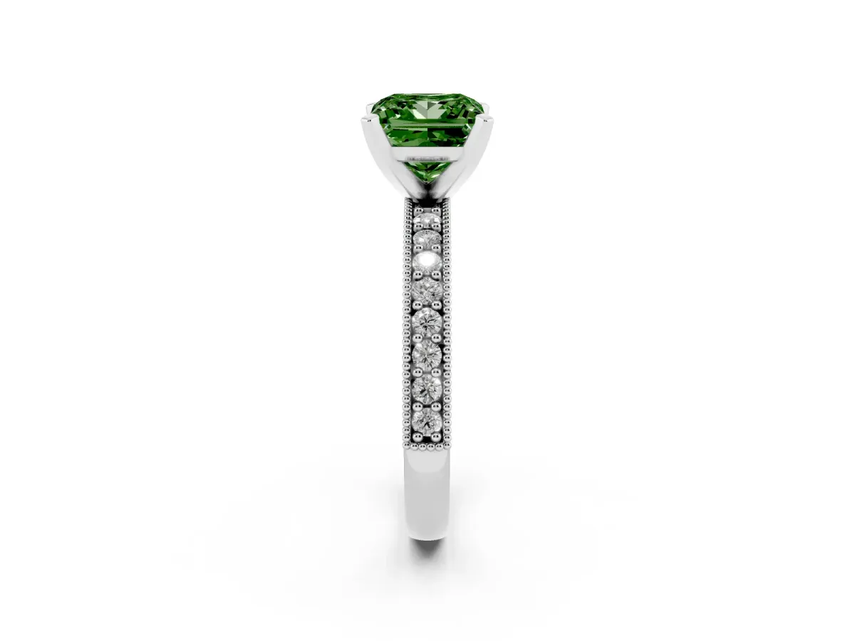Fancy Green Princess Cut Diamond Milgrain Pavé Engagement Ring with Four-Prong Setting Silver