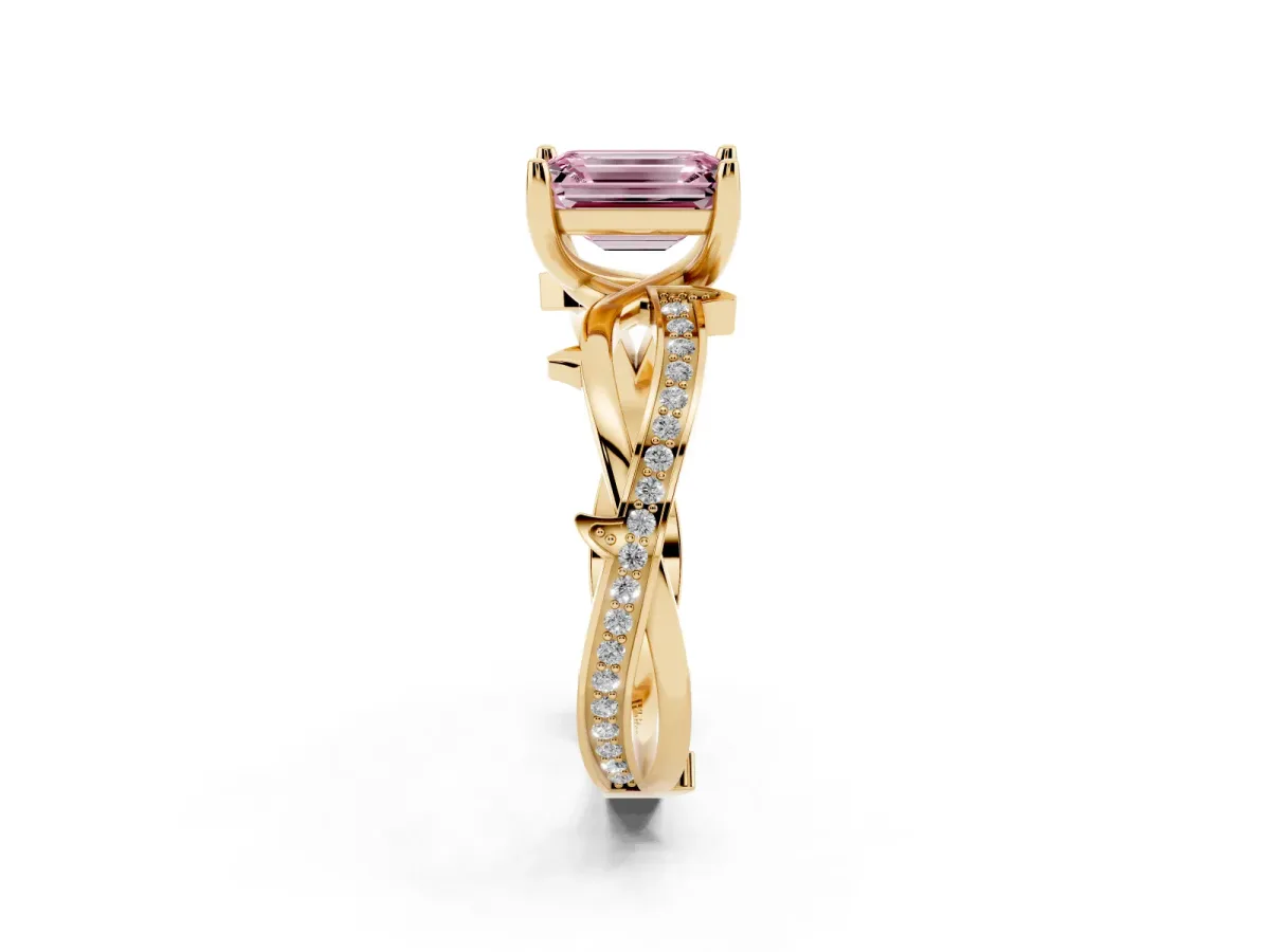Fancy Pink Emerald Cut Solitaire Twist Band with Pavé Accents and Four-Prong Setting Yellow gold