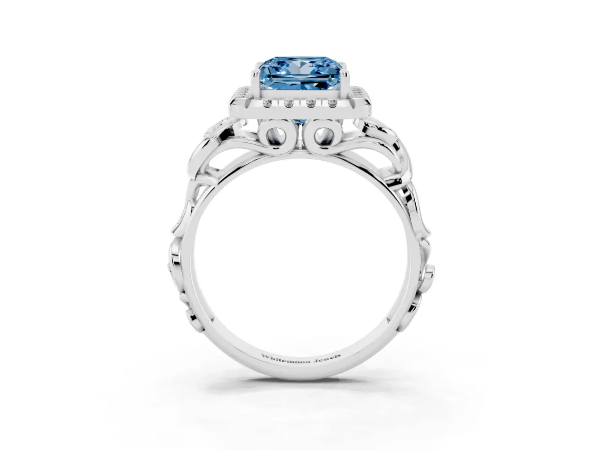 Fancy Blue Princess Cut Cut Halo Diamond Ring with Scrollwork Band and Four-Prong Setting Silver