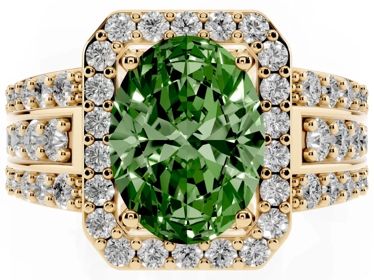 Fancy Green Oval Cut Halo Diamond Ring with Round Split Shank and Prong Setting Yellow gold