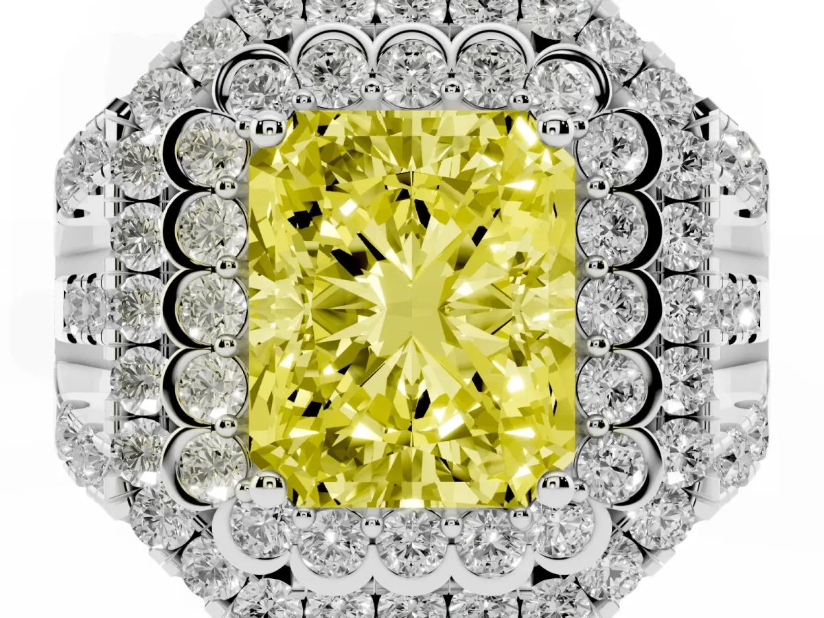 Fancy Yellow Radiant Cut Diamond Double Halo Ring with Round Pavé Split Shank and Prong Setting Silver
