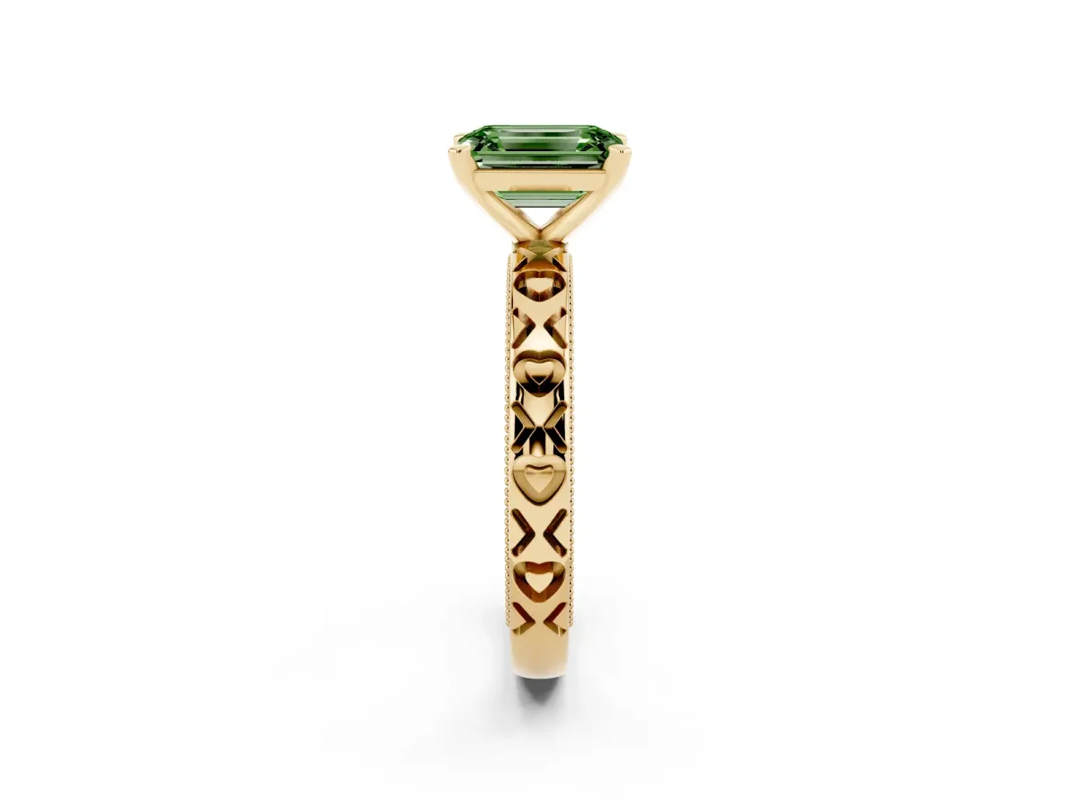 Fancy Green Emerald Cut Solitaire Diamond Engagement Ring with XO Engraved Band and Four-Prong Setting Yellow gold