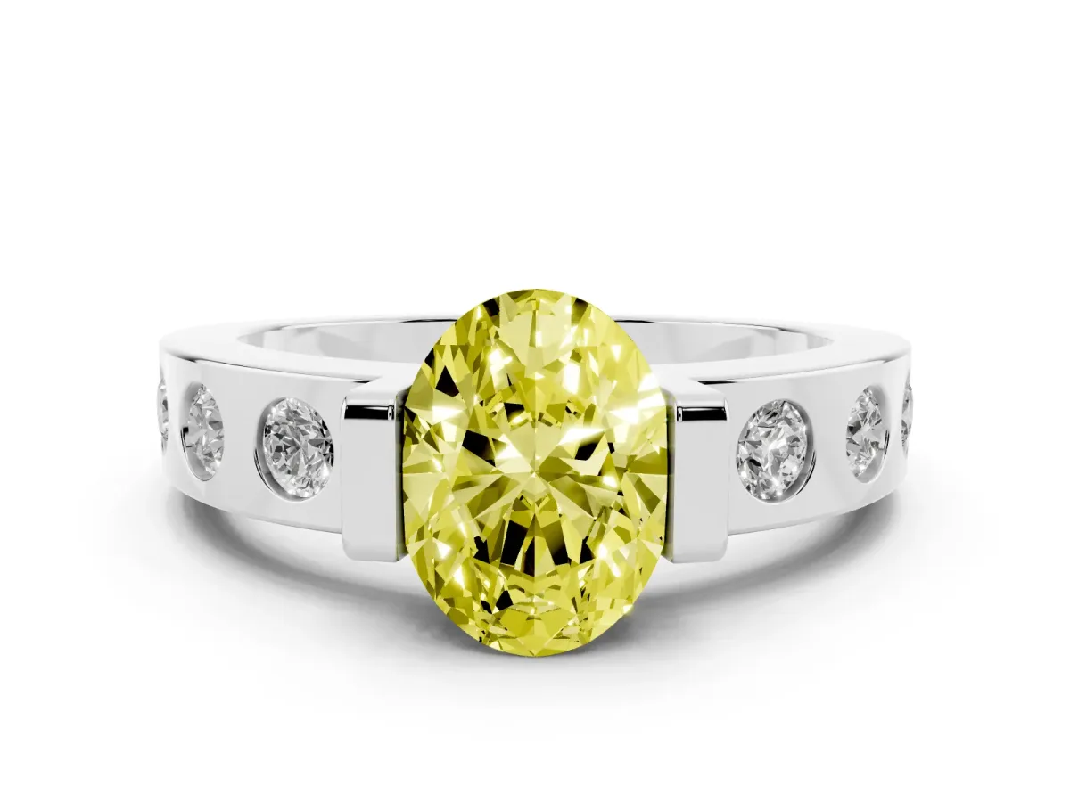 Fancy Yellow Oval Cut Brilliant Channel-Set Diamond Ring with Bezel Prong Setting Silver