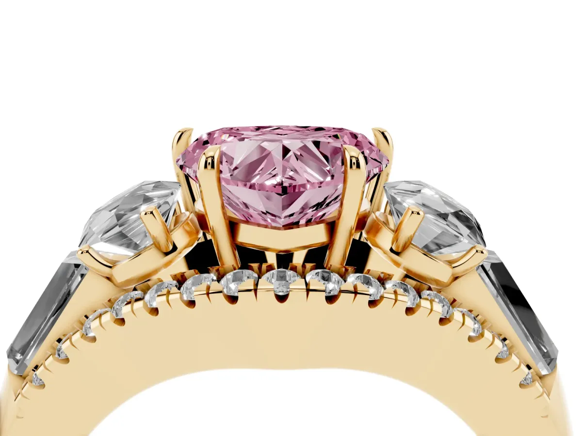 Fancy Pink Three-Stone Heart Cut Diamond Engagement Ring with Pave Band and Prong Setting Yellow gold