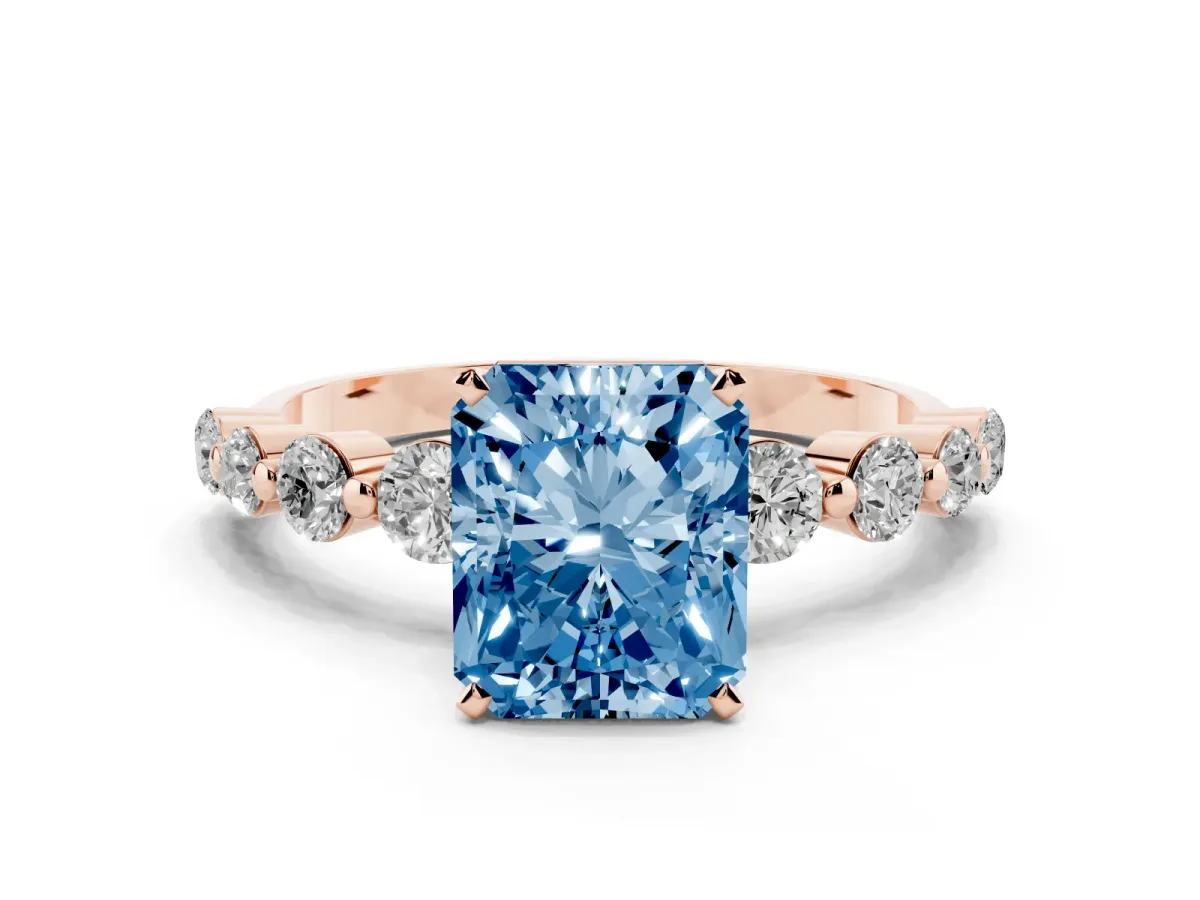 Fancy Blue Radiant Cut Solitaire Diamond Ring with Pave Band and Four-Prong Setting Rose gold