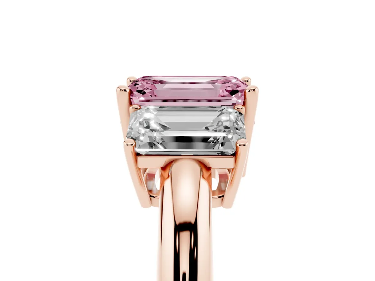 Fancy Pink Three-Stone Emerald Cut Cut Diamond Engagement Ring with Prong Setting on a White Gold Band Rose gold