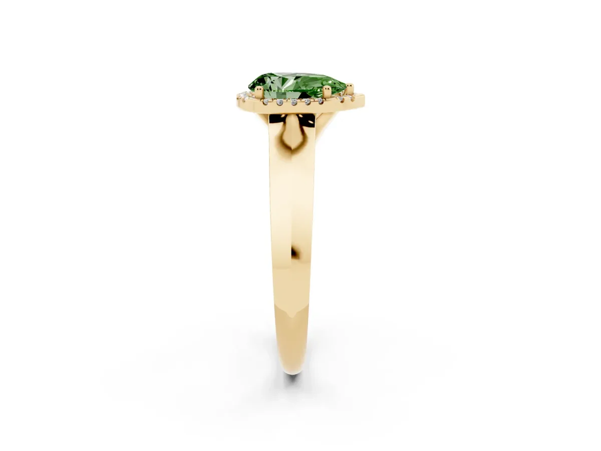 Fancy Green Pear Cut Halo Diamond Ring with Cathedral Band and Four-Prong Setting Yellow gold