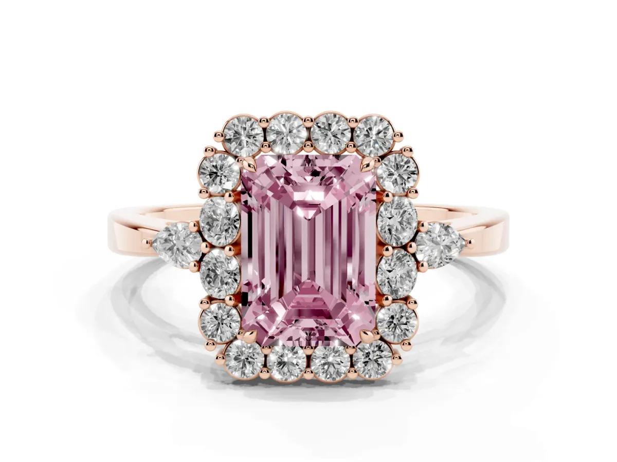 Fancy Pink Emerald Cut Diamond Halo Ring with Pear Side Stones and Prong Setting Rose gold