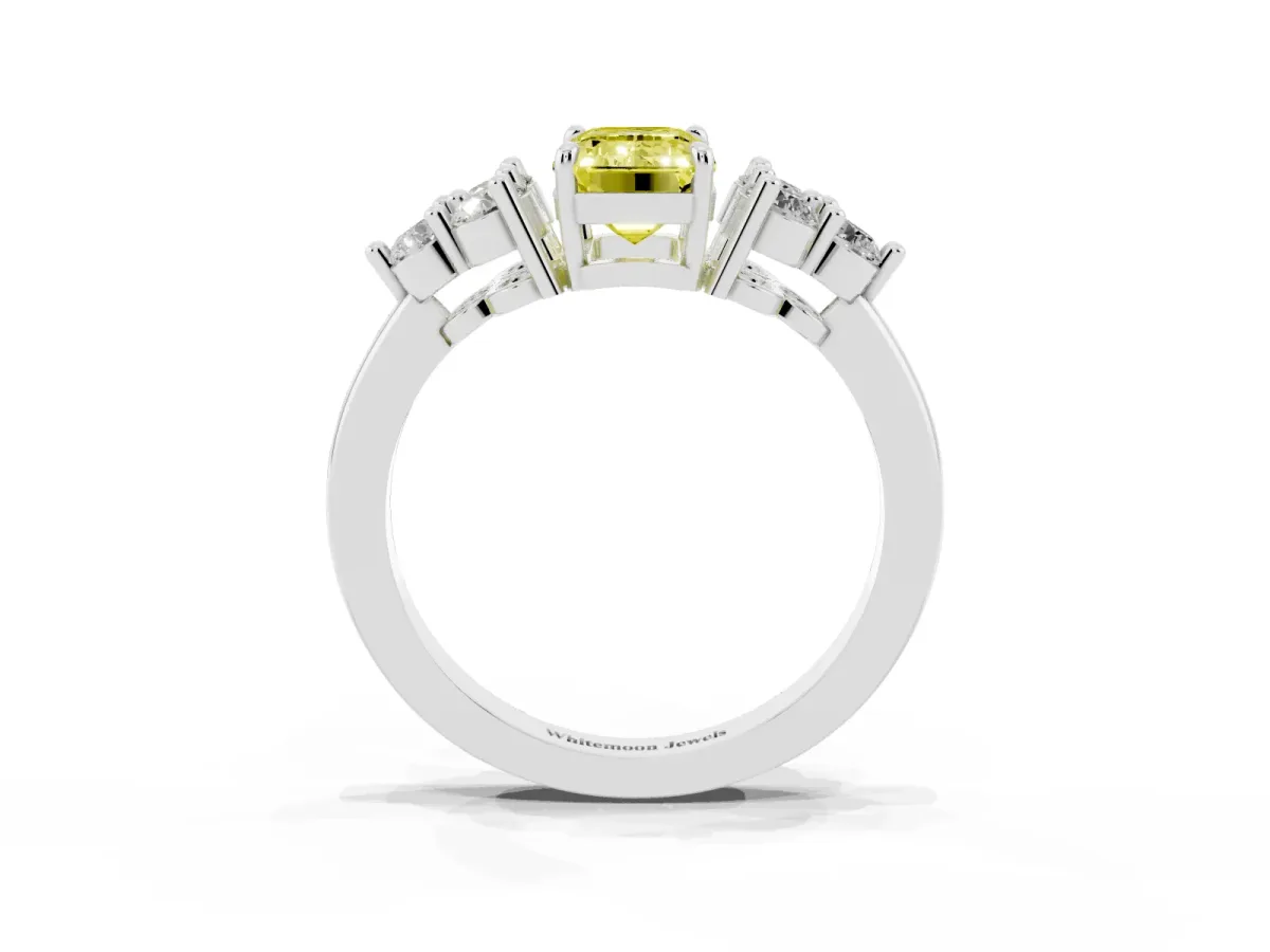 Fancy Yellow Emerald Cut Brilliant Diamond Cluster Accent Solitaire Ring with Prong Setting White gold