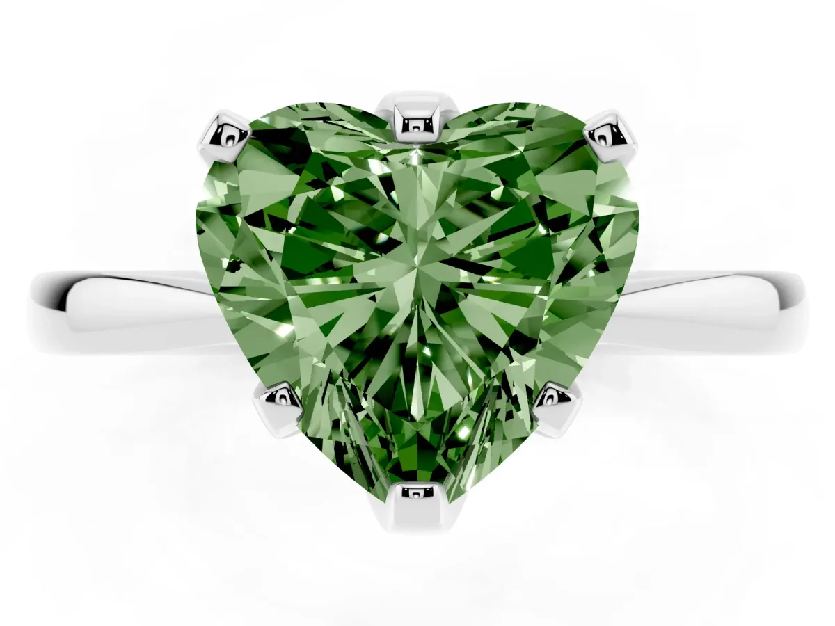 Fancy Green Heart Cut Solitaire Engagement Ring with Six-Prong Setting and Tapered Band Silver
