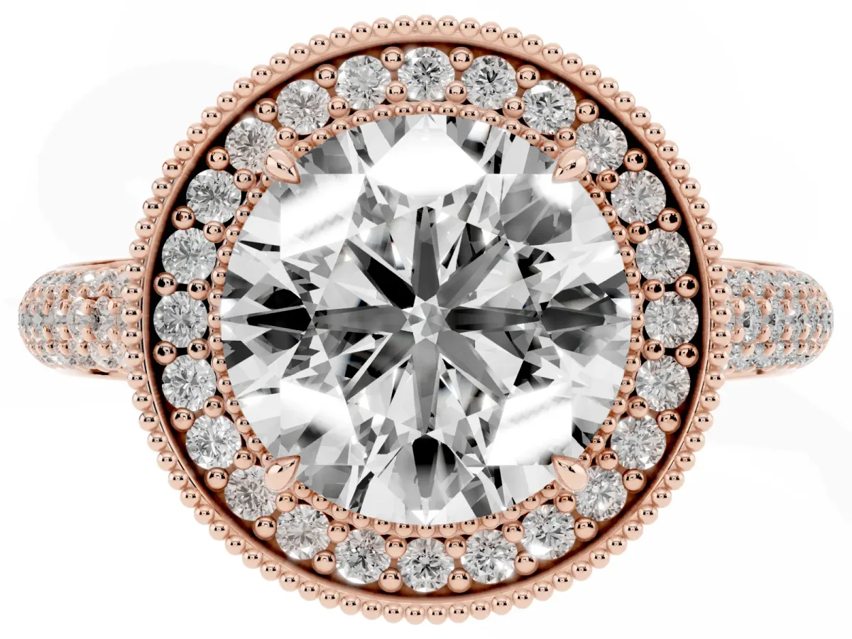 Round Cut Cut Halo Diamond Pave Band with Four-Prong Setting Rose gold