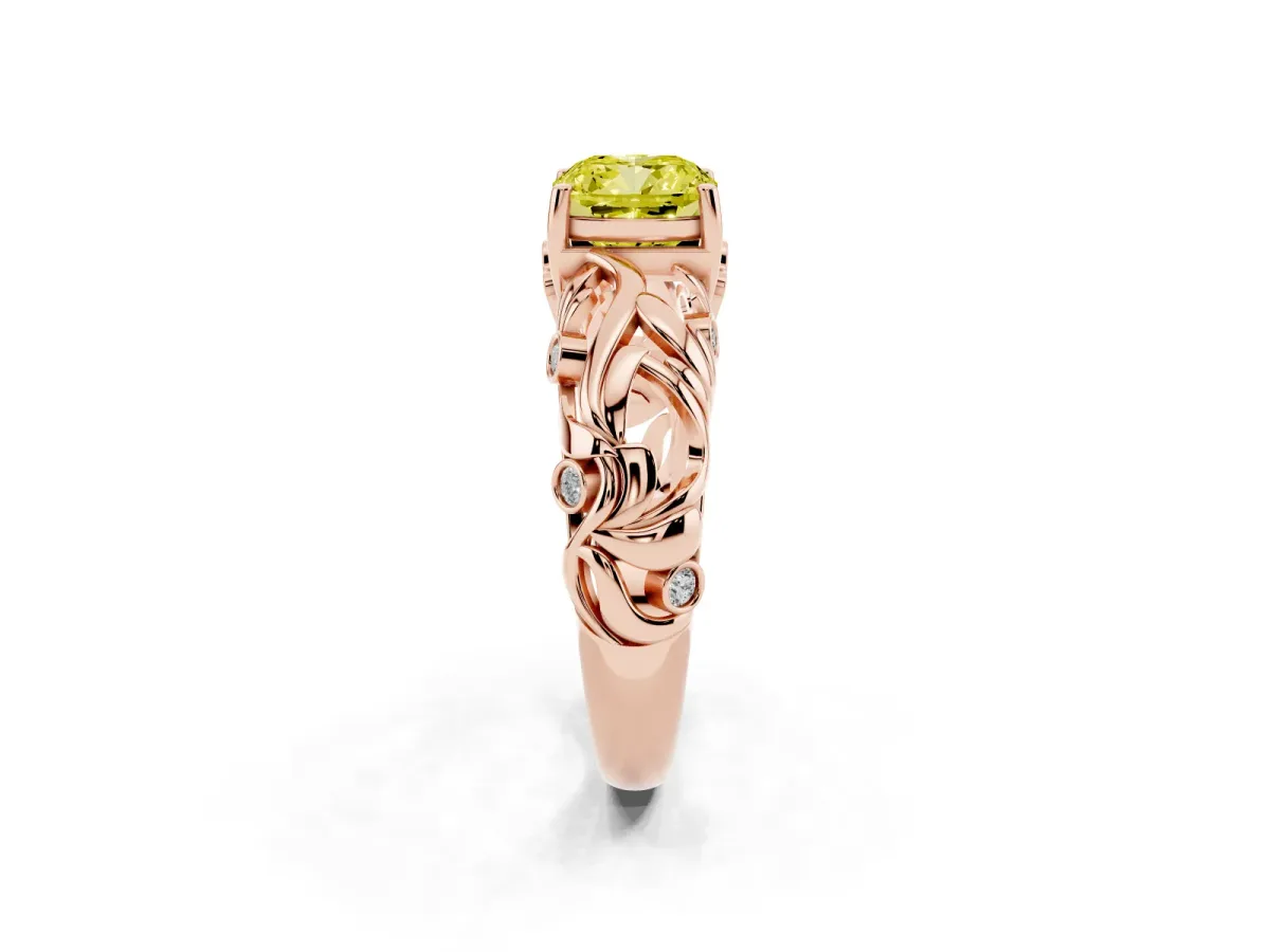 Fancy Yellow Cushion Cut Solitaire Diamond Leaf-Inspired Vine Band Ring with Prong Setting Rose gold