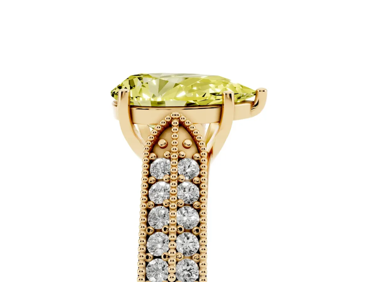 Fancy Yellow Pear Cut Cut Pave Split Shank Engagement Ring with Four-Prong Setting Yellow gold