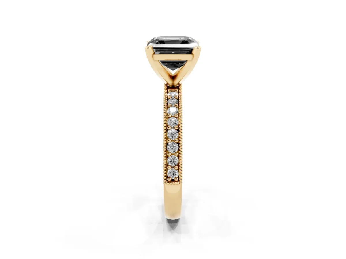 Fancy Black Asscher Cut Diamond Milgrain Pavé Engagement Ring with Four-Prong Setting Yellow gold