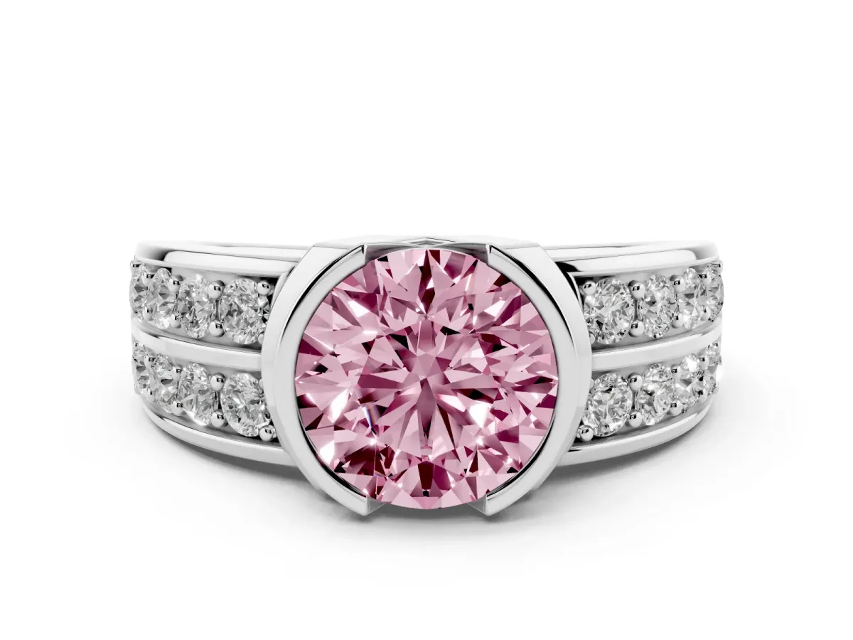Fancy Pink Round Cut Brilliant Diamond Channel Set Wide Band Ring with Bezel Setting White gold