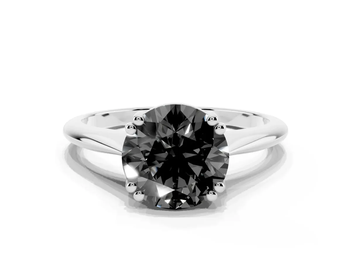 Fancy Black Round Cut Solitaire Diamond Ring with Six-Prong Setting and Classic Band Silver