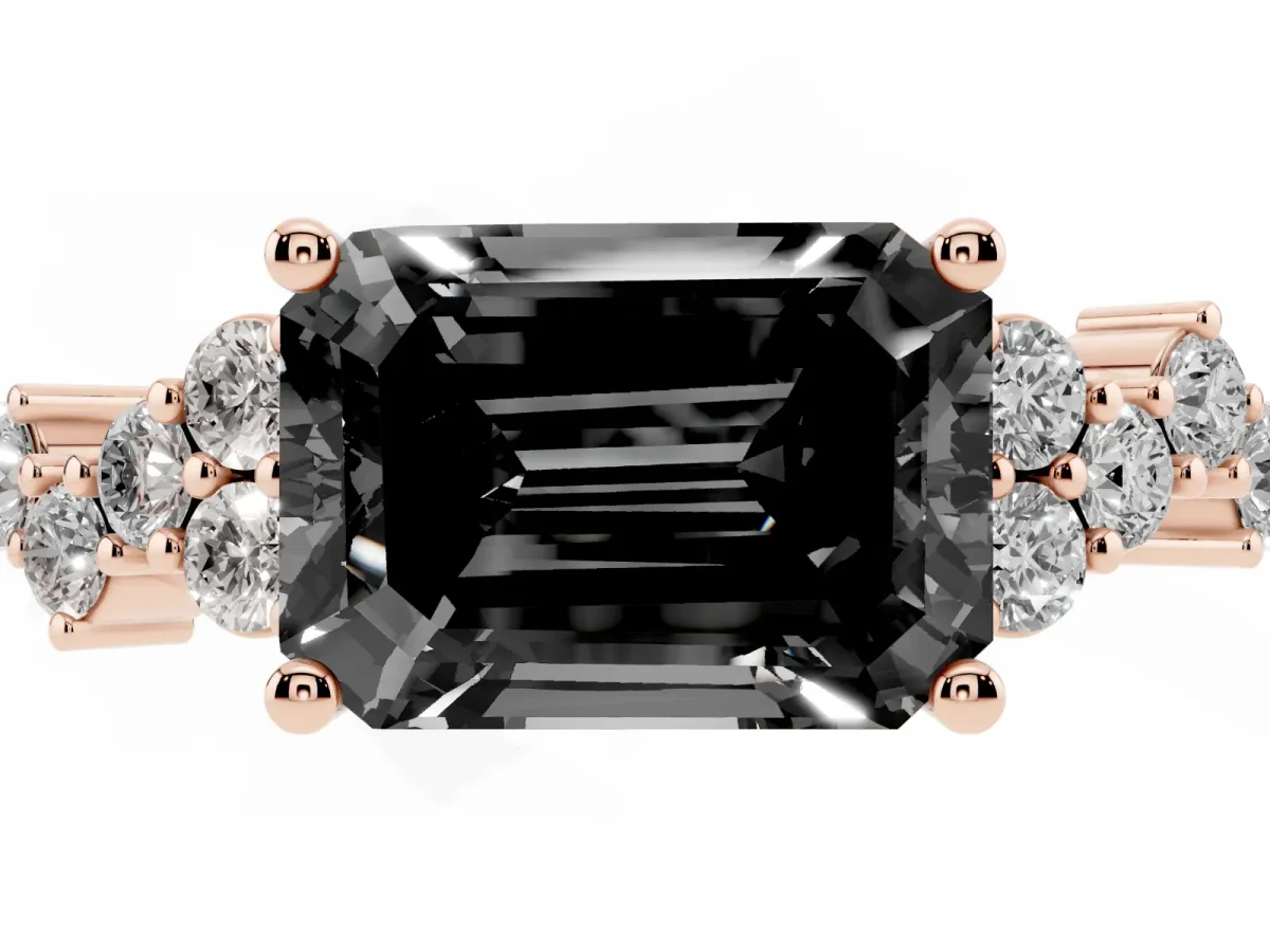 Fancy Black Emerald Cut Diamond Scattered Round Accent Ring with Prong Setting Rose gold