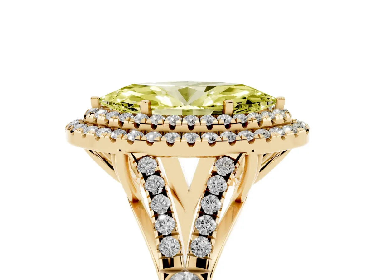 Fancy Yellow Marquise Cut Diamond Pavé Split Shank Double Halo Engagement Ring Yellow gold