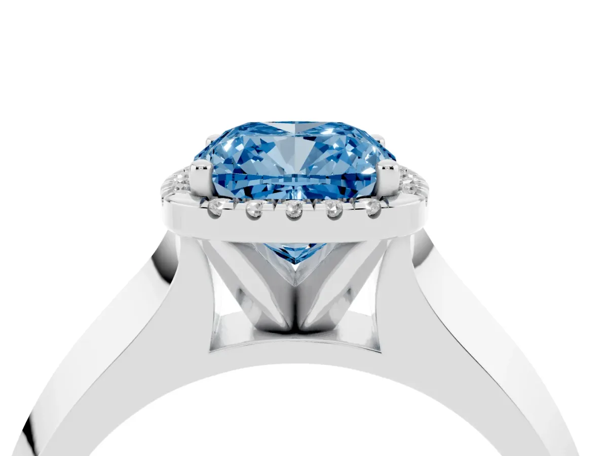Fancy Blue Cushion Cut Halo Diamond Ring with Cathedral Band and Four-Prong Setting Silver