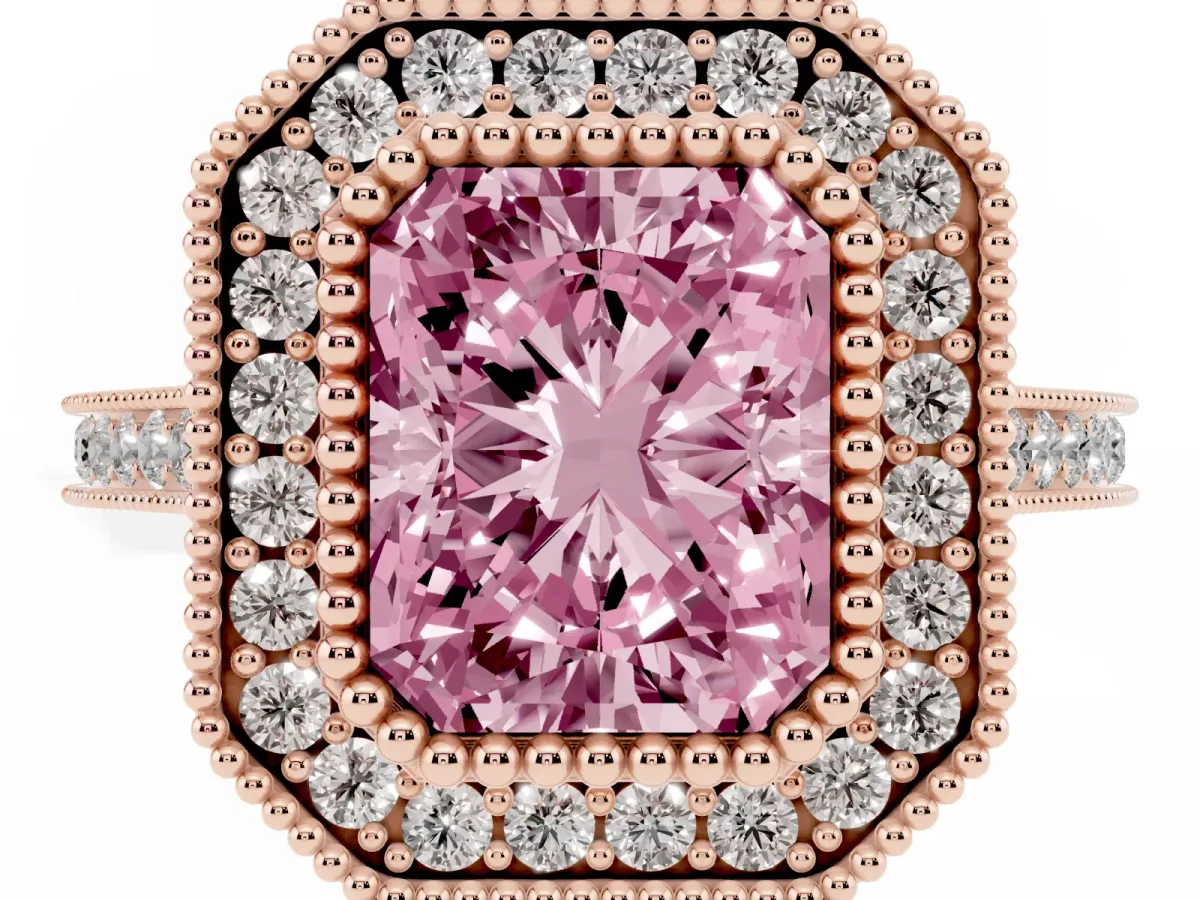 Fancy Pink Radiant Cut Diamond Halo Ring with Milgrain Frame and Pavé Band Rose gold