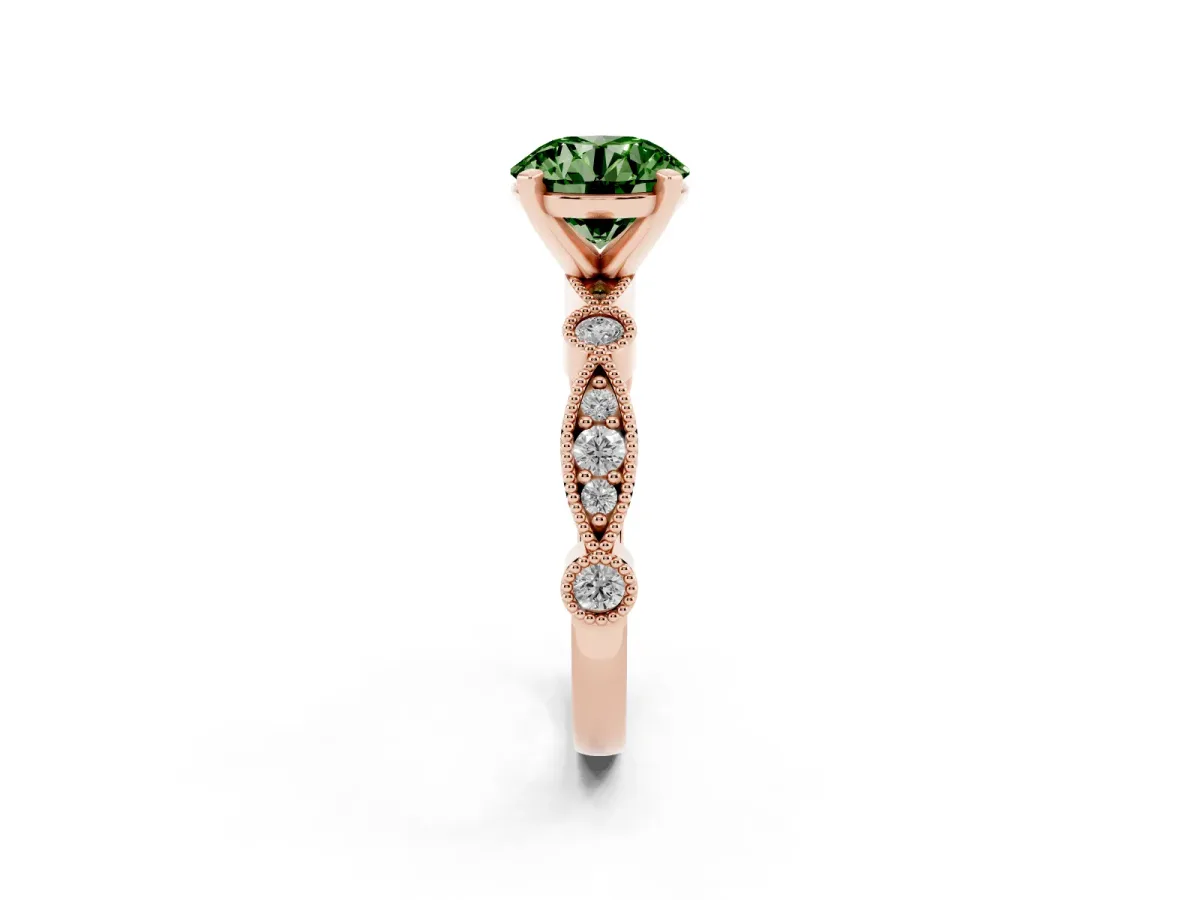 Fancy Green Round Cut Milgrain Bezel Diamond Engagement Ring with Solitaire Prong Setting Rose gold