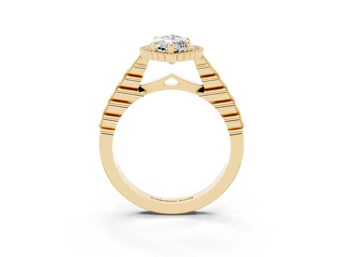 Marquise Cut Cut Halo Pavé Solitaire Ring with Milgrain Band Yellow gold