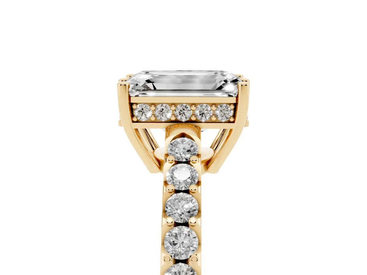 Emerald Cut Solitaire Diamond Engagement Ring with Pavé Band and Six-Prong Setting Yellow gold