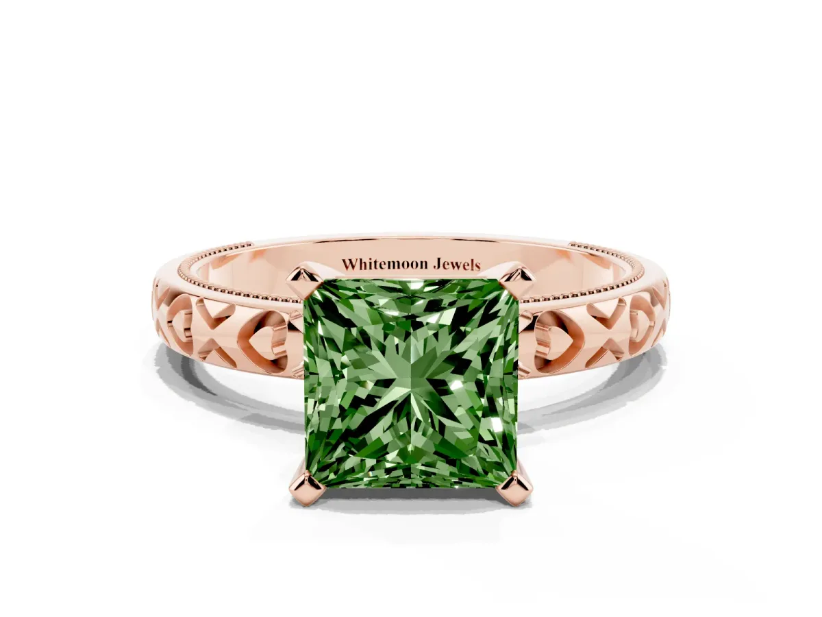 Fancy Green Princess Cut Solitaire Diamond Engagement Ring with XO Engraved Band and Four-Prong Setting Rose gold