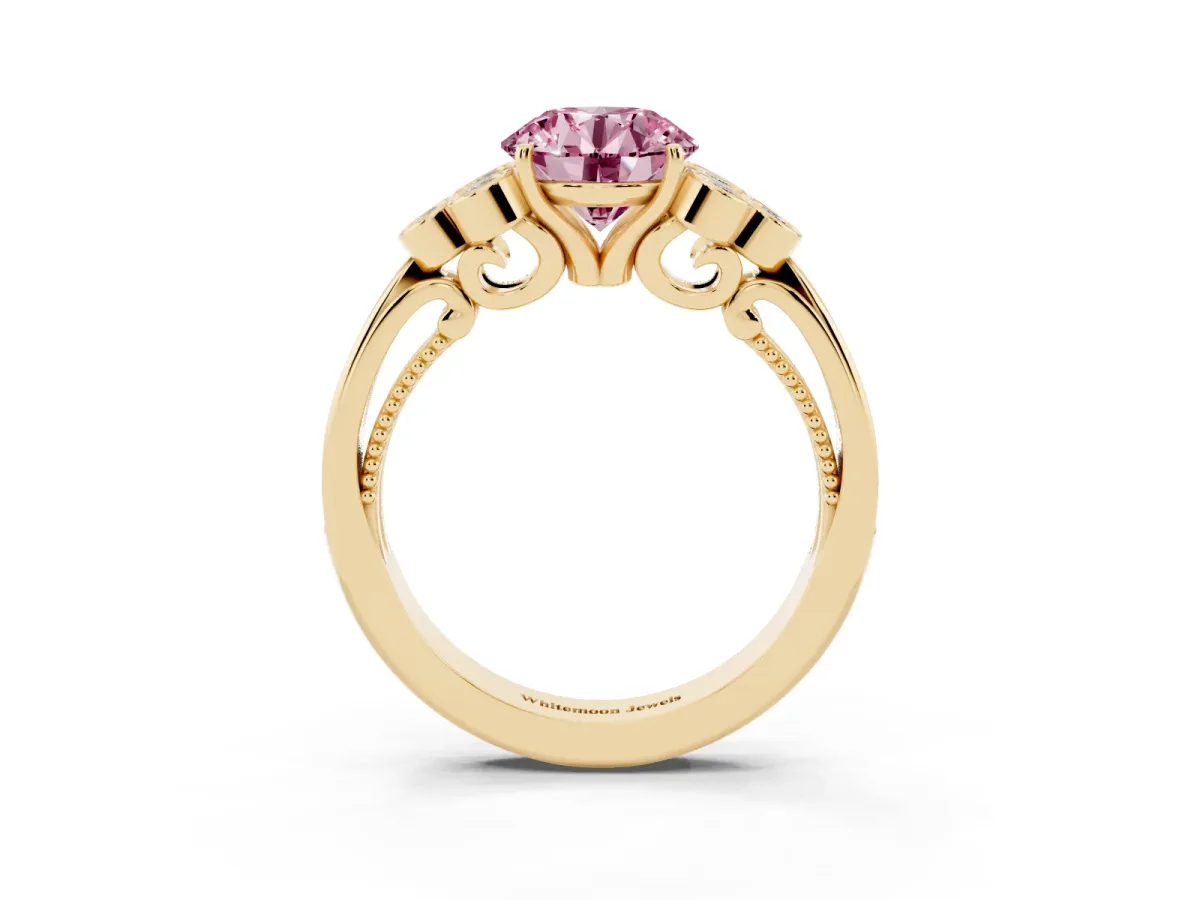 Fancy Pink Round Cut Cut Diamond Engagement Ring with Bezel Set Round Side Stones and Prong Setting Yellow gold