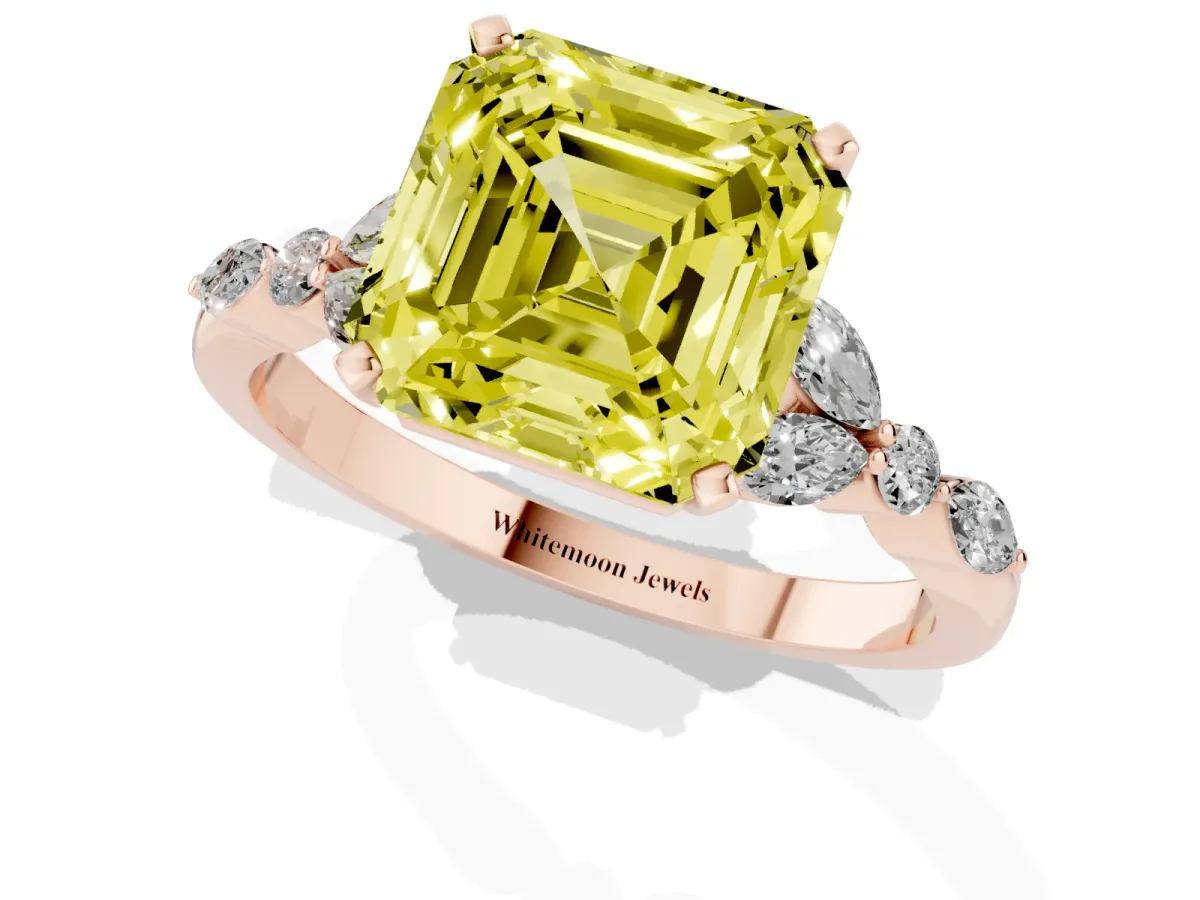 Fancy Yellow Asscher Cut Diamond Solitaire Ring with Side Stones and Four-Prong Setting Rose gold