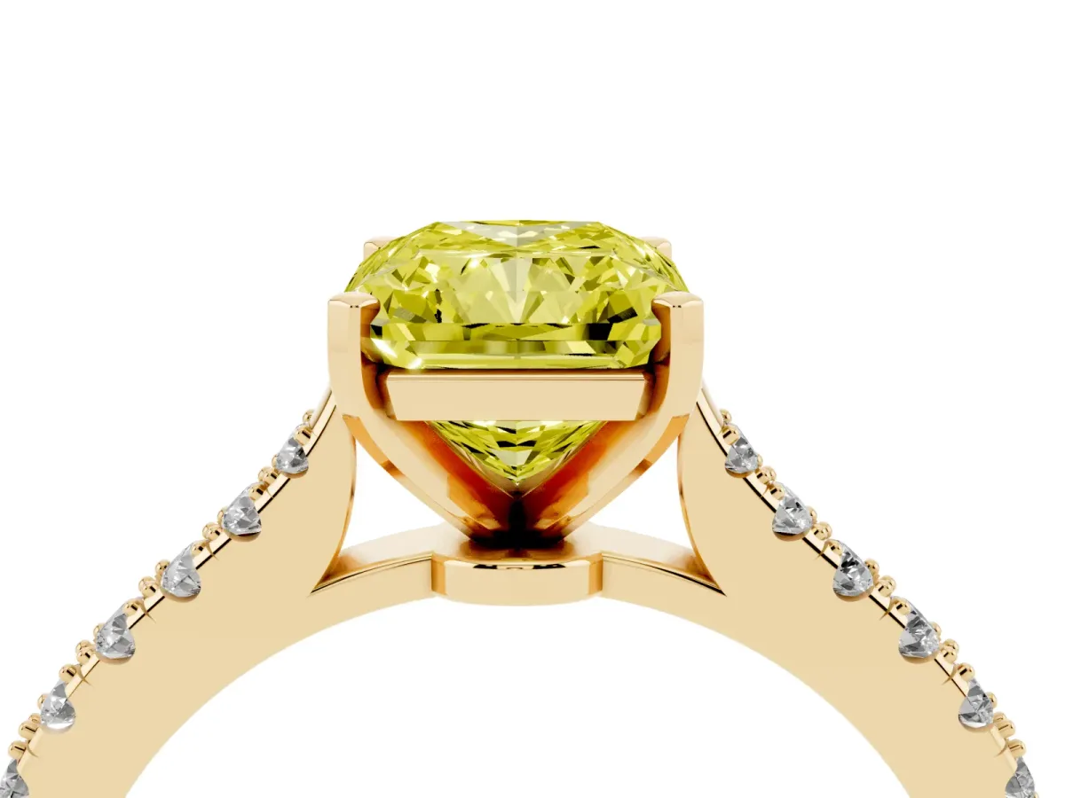 Fancy Yellow Radiant Cut Cut Solitaire Diamond Engagement Ring with Pave Band and Four-Prong Setting Yellow gold