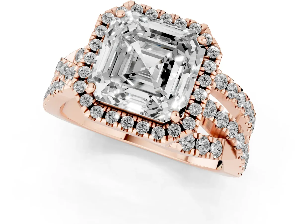 Asscher Cut Diamond Halo Ring with Round Split Shank and Prong Setting Rose gold
