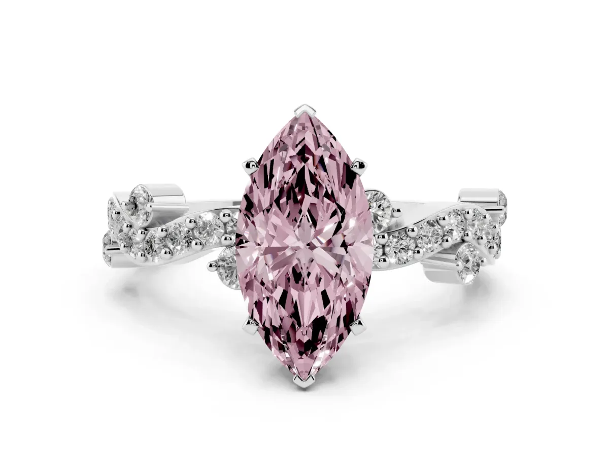Fancy Pink Marquise Cut Cut Solitaire Diamond Twisted Band with Pave Setting Silver