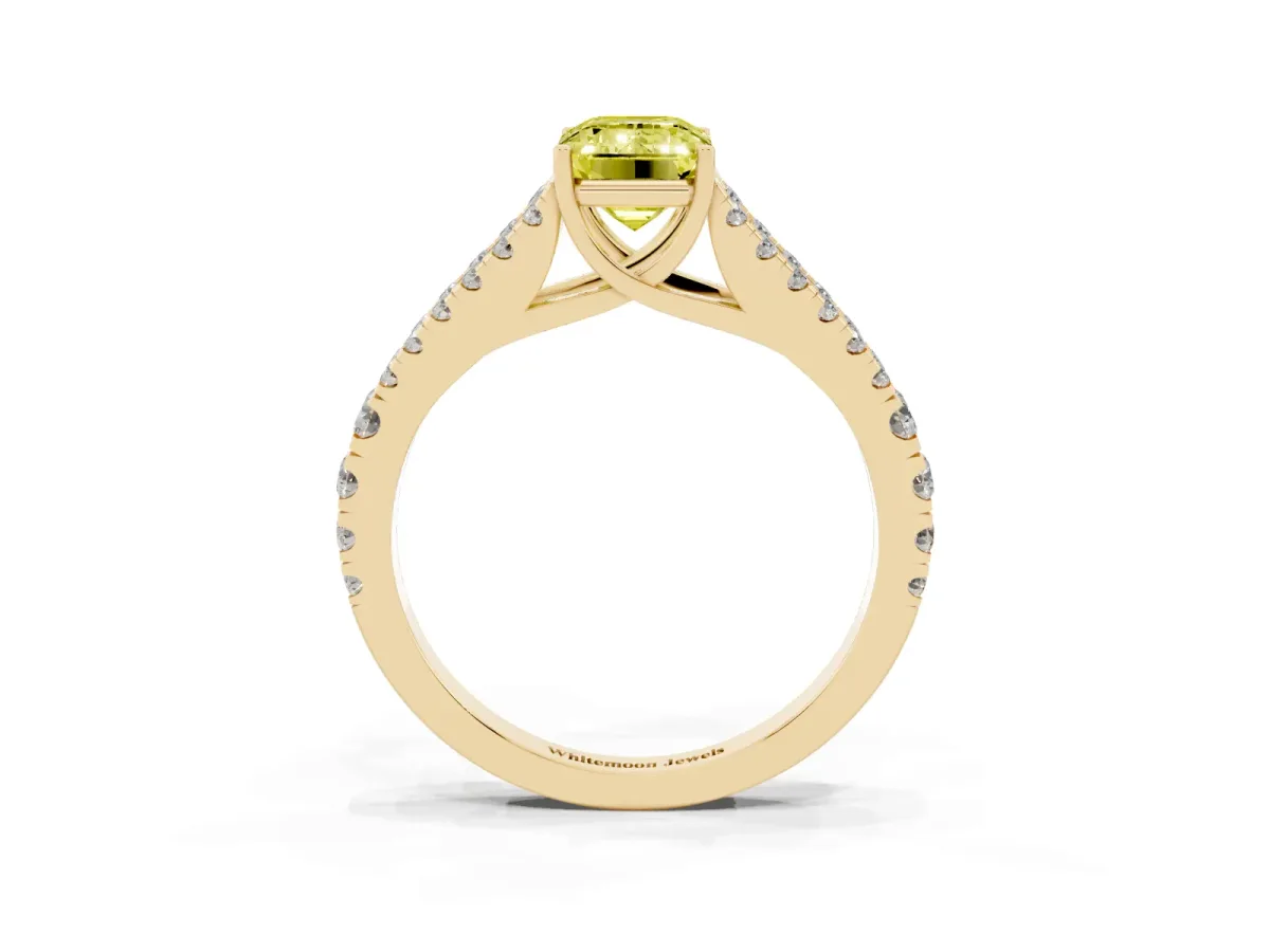 Fancy Yellow Emerald Cut Diamond Split Shank Pavé Engagement Ring with Four-Prong Setting Yellow gold
