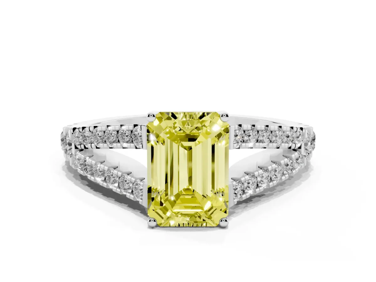 Fancy Yellow Emerald Cut Diamond Split Shank Pavé Engagement Ring with Four-Prong Setting White gold