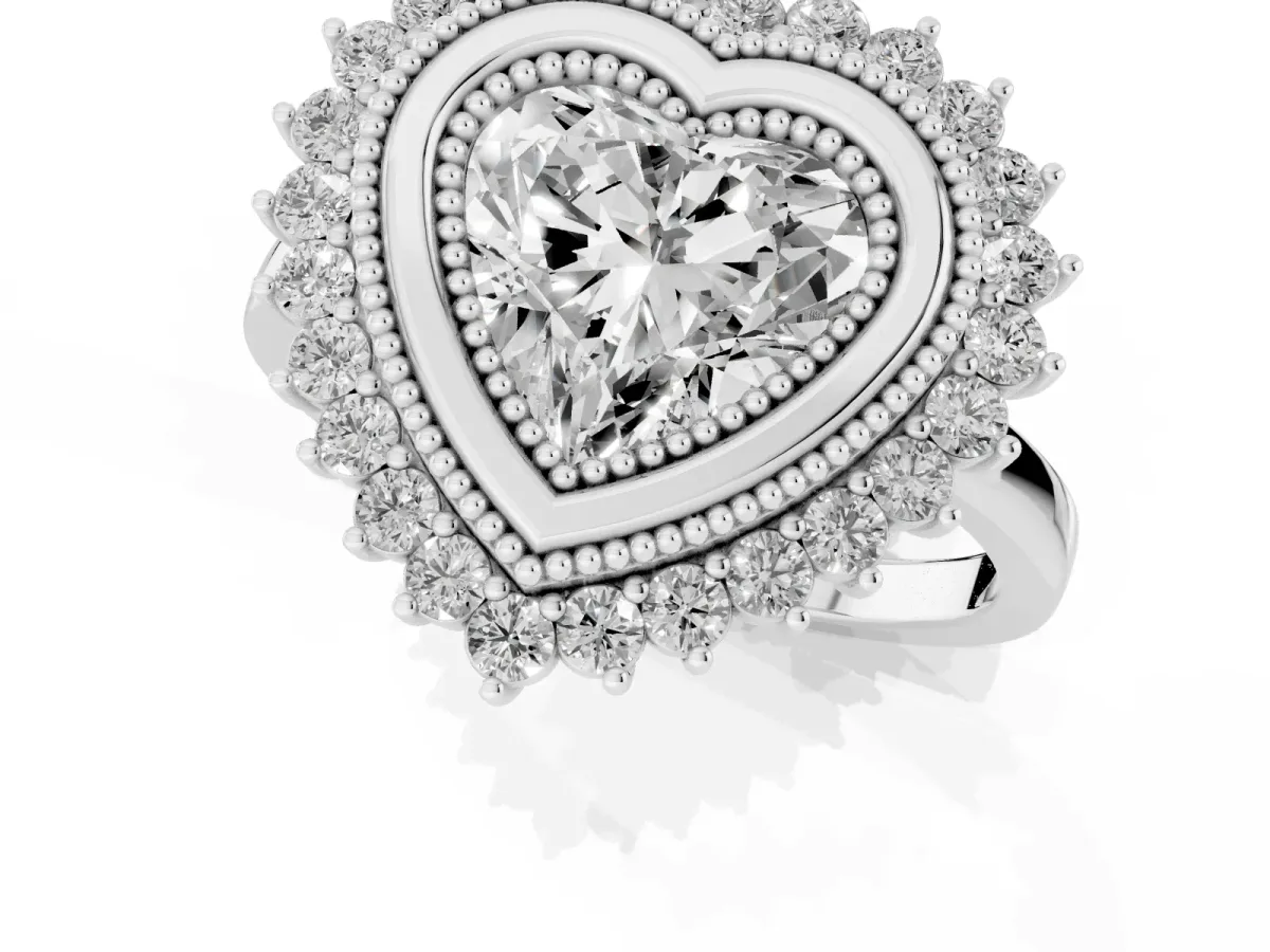 Heart Cut Halo Diamond Ring with Milgrain Edge and Round Prong Setting Silver