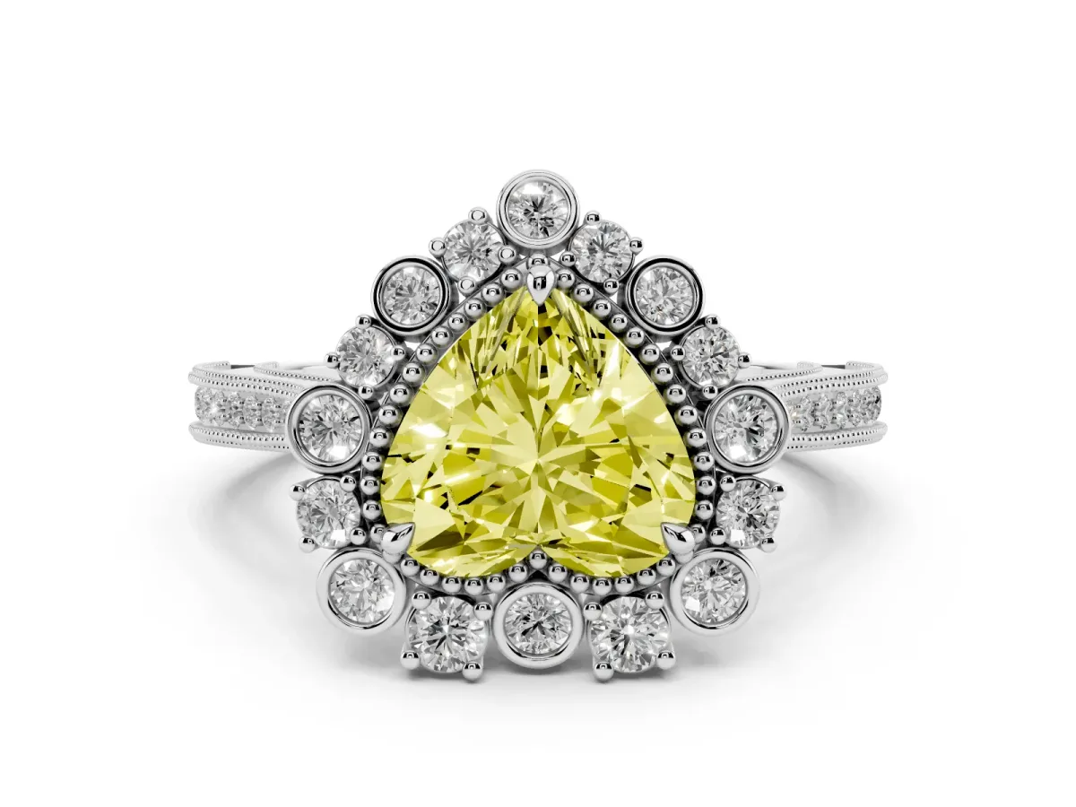 Fancy Yellow Heart Cut Halo Milgrain Pave Diamond Ring with Four-Prong Setting Silver