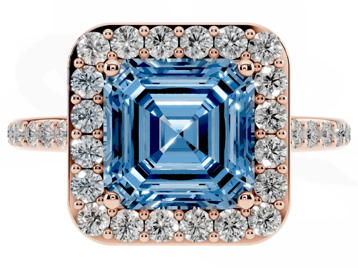 Fancy Blue Asscher Cut Diamond Halo Engagement Ring with Round Pavé Shoulders and Prong Setting Rose gold
