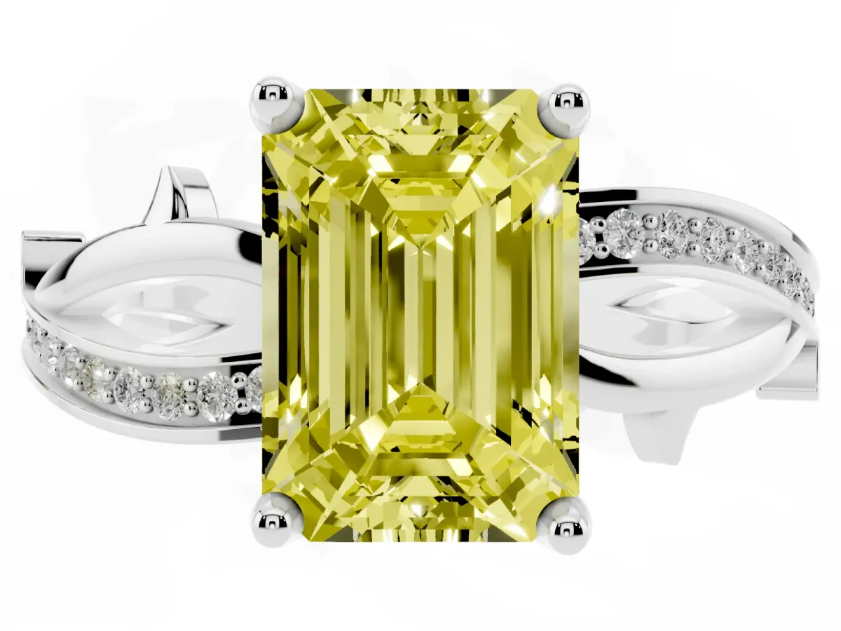 Fancy Yellow Emerald Cut Solitaire Twist Band with Pavé Accents and Four-Prong Setting Platinum