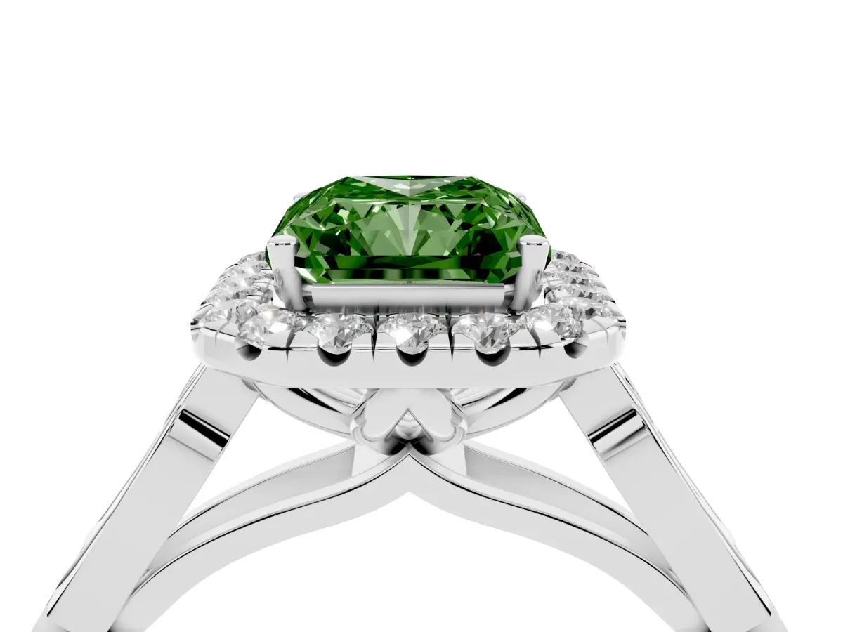 Fancy Green Radiant Cut Halo Diamond Engagement Ring with Filigree Band and Four-Prong Setting Platinum