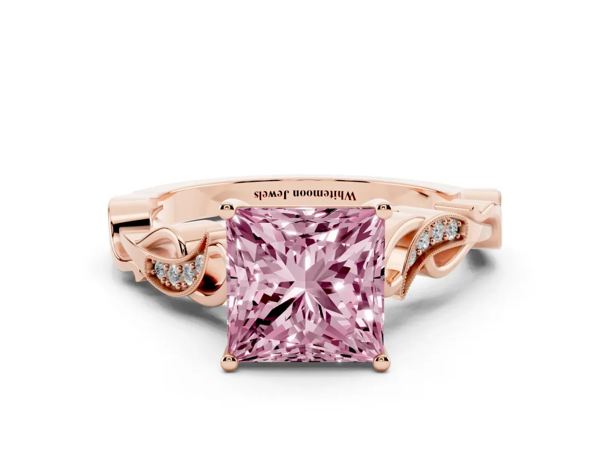 Fancy Pink Princess Cut Solitaire Vine Band with Milgrain Prong Setting Rose gold
