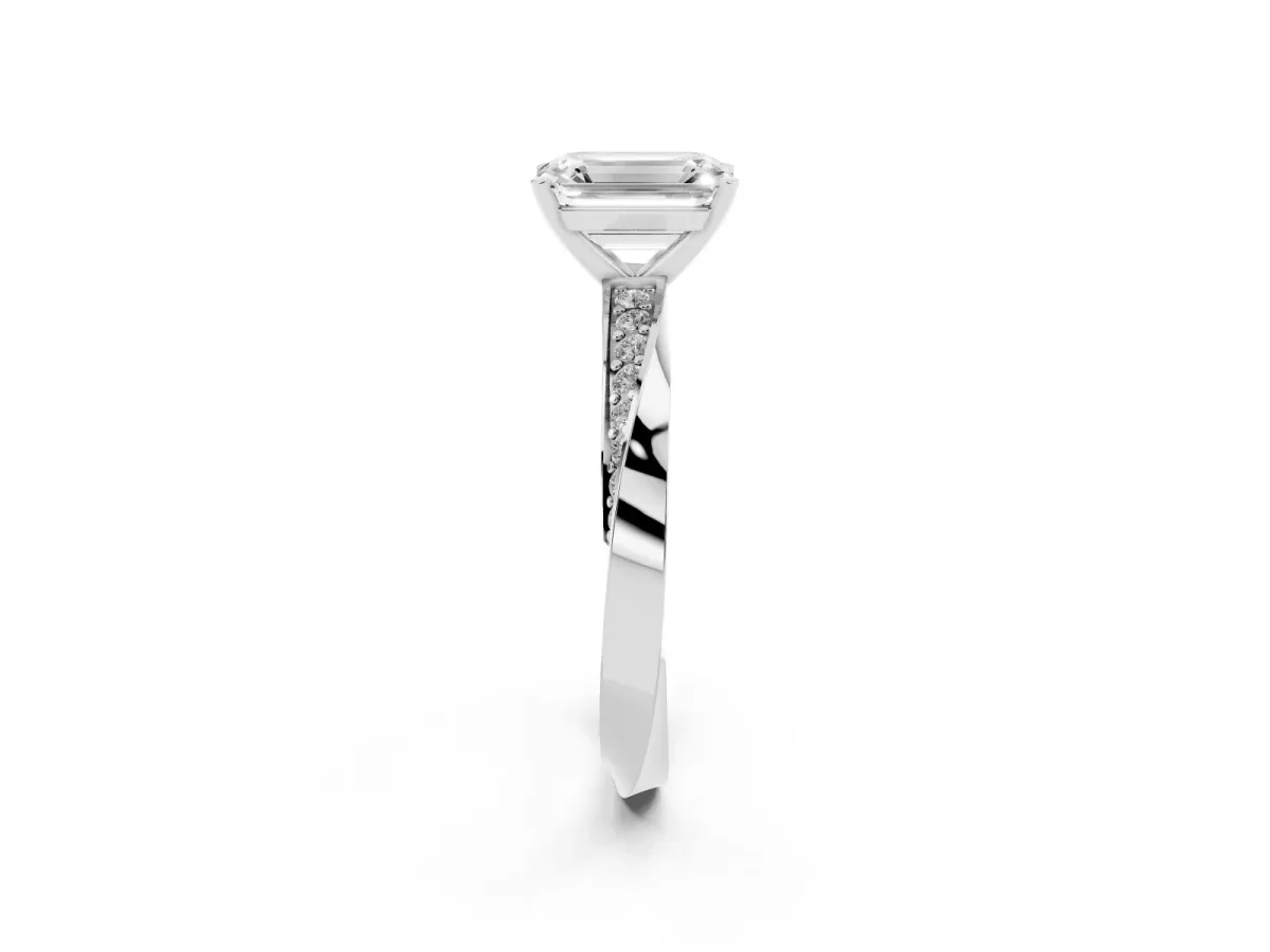 Emerald Cut Diamond Engagement Ring with Side Stone Accents and Four-Prong Setting Silver
